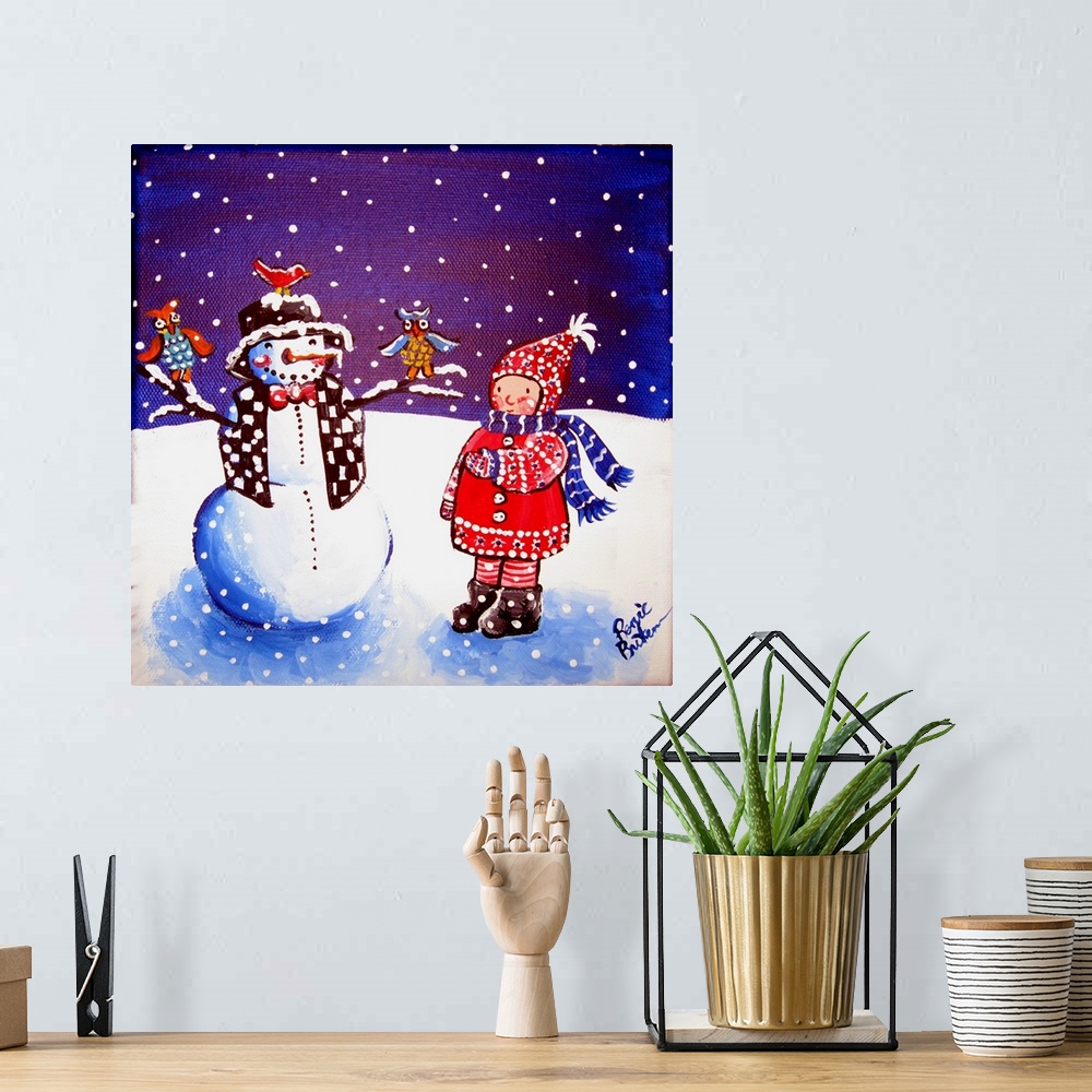A bohemian room featuring A little girl looks at a snowman who has owls on his branch arms.