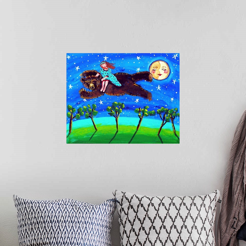 A bohemian room featuring A magical scene with a girl riding a bear through the night sky.