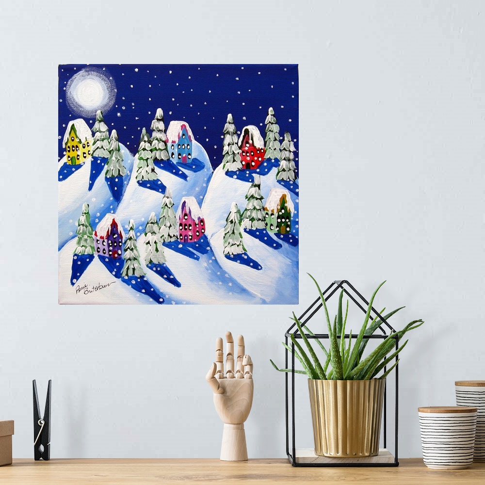 A bohemian room featuring Winter scene with softly falling snow on cozy houses, under a winter moon.