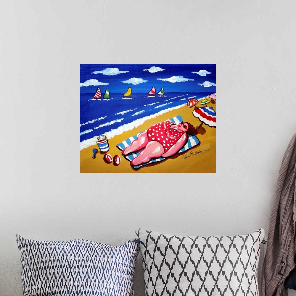 A bohemian room featuring Big Beach Diva is catching a few rays at the beach.