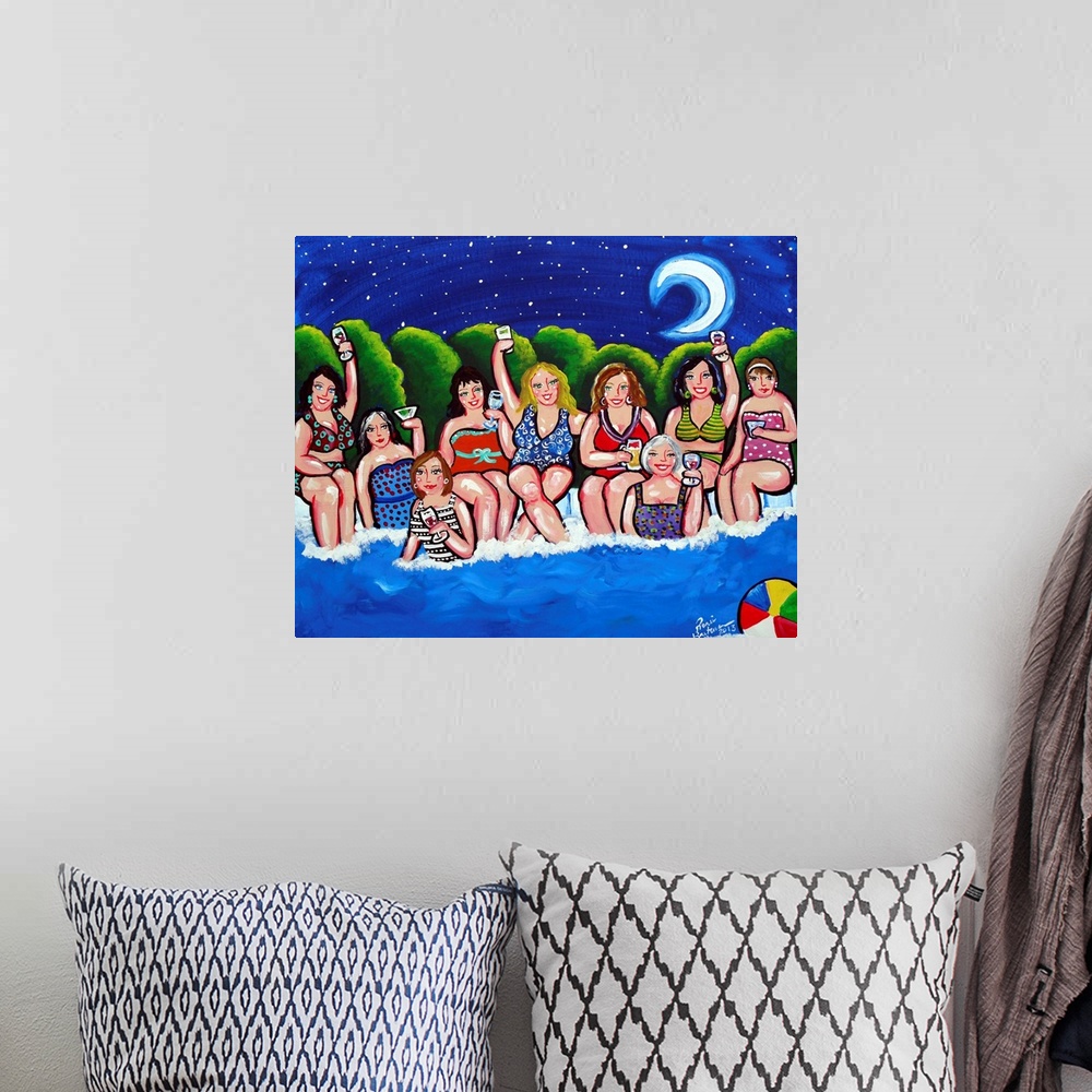 A bohemian room featuring Fun folk art with a group of Divas enjoying their cocktails around the pool, under the moon and s...