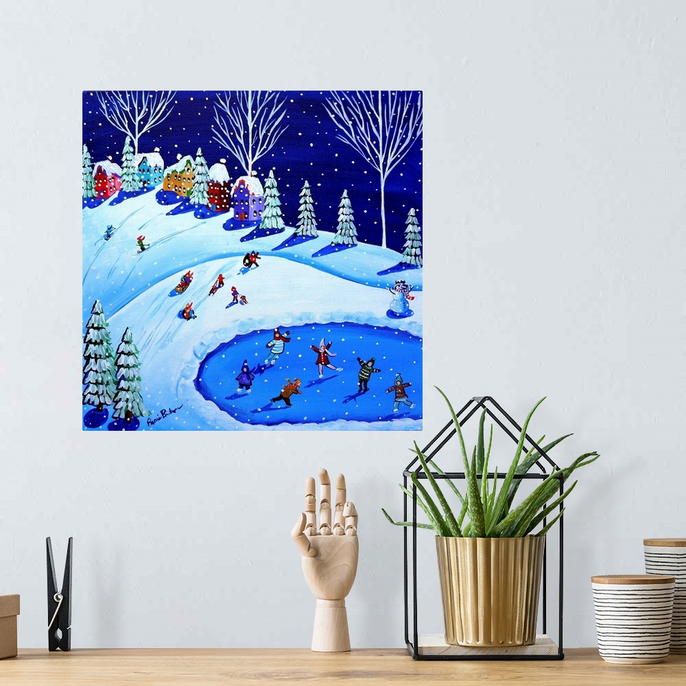 A bohemian room featuring Winter fun ice skating, sled riding and playing in the snow.