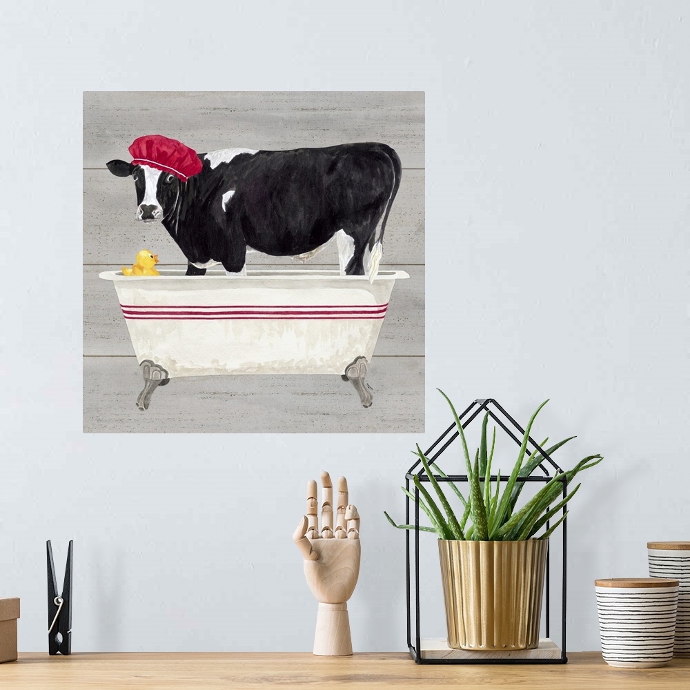 A bohemian room featuring Decorative artwork of a black and white cow standing in a bathtub with a shower cap on it's head ...