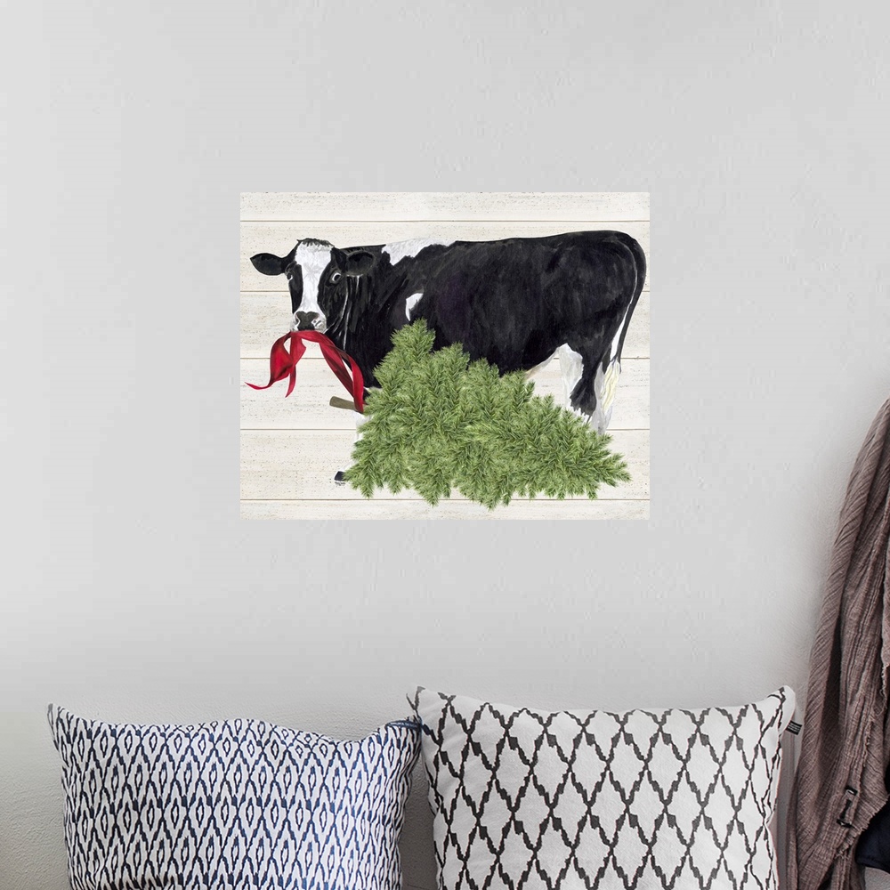 A bohemian room featuring Christmas on the Farm II Cow with Tree
