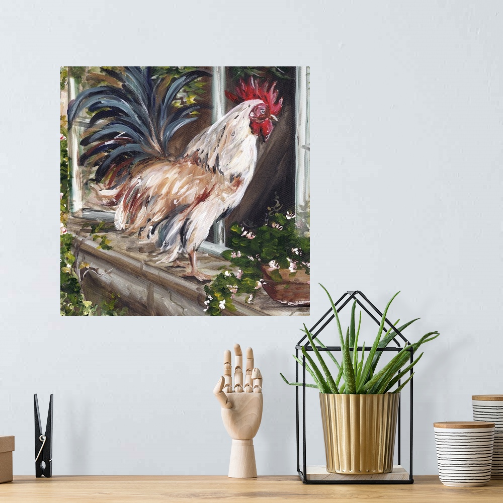 A bohemian room featuring Square contemporary painting in a traditional style of a white and brown rooster perched on a win...