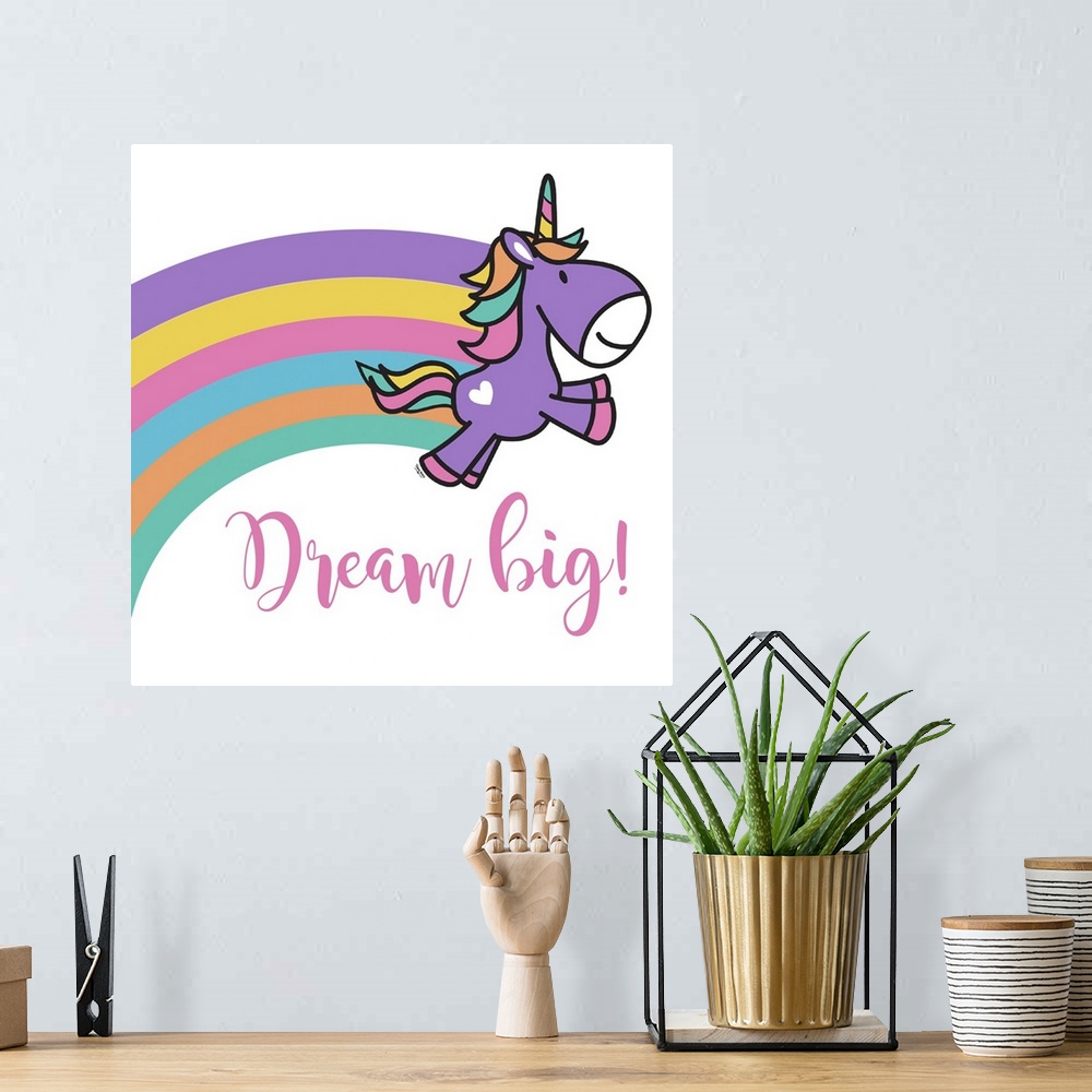 A bohemian room featuring Adorable decorative illustration of a purple unicorn with a rainbow trailing behind it and "Dream...