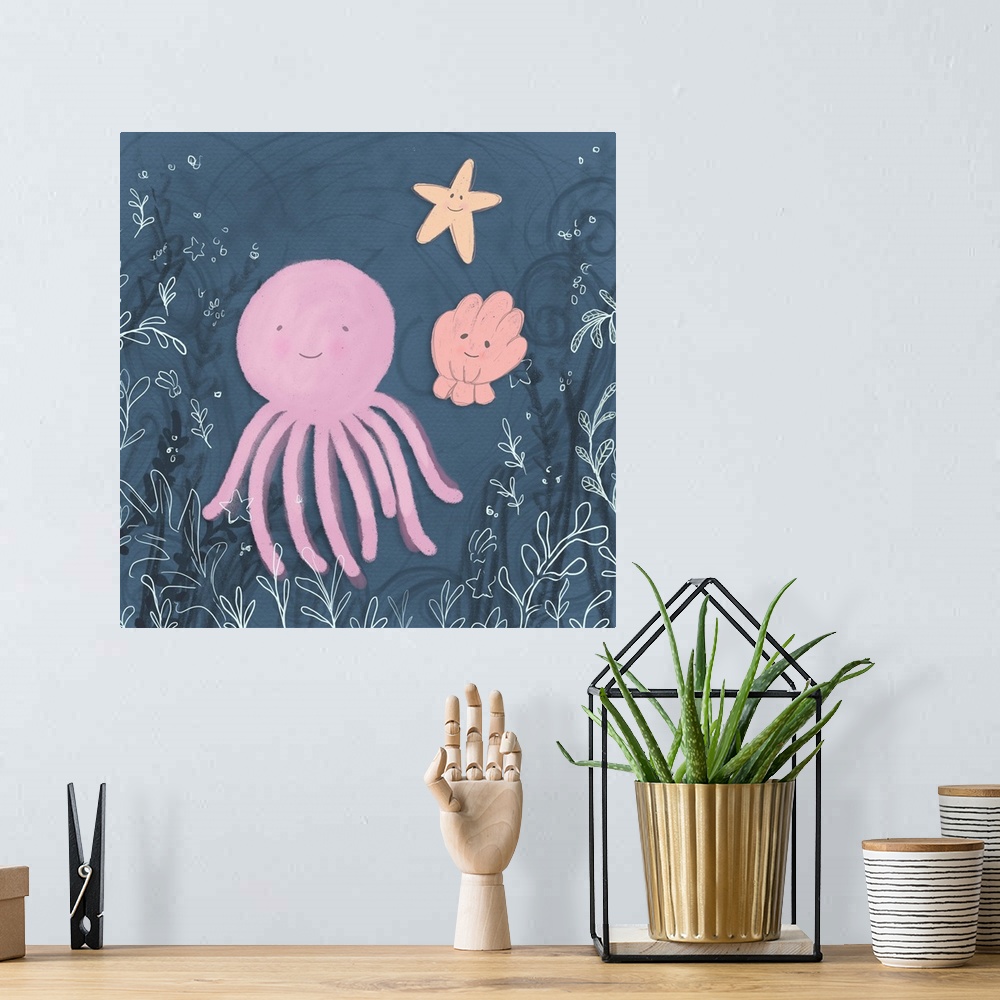 A bohemian room featuring Mermaid and Octopus Navy II