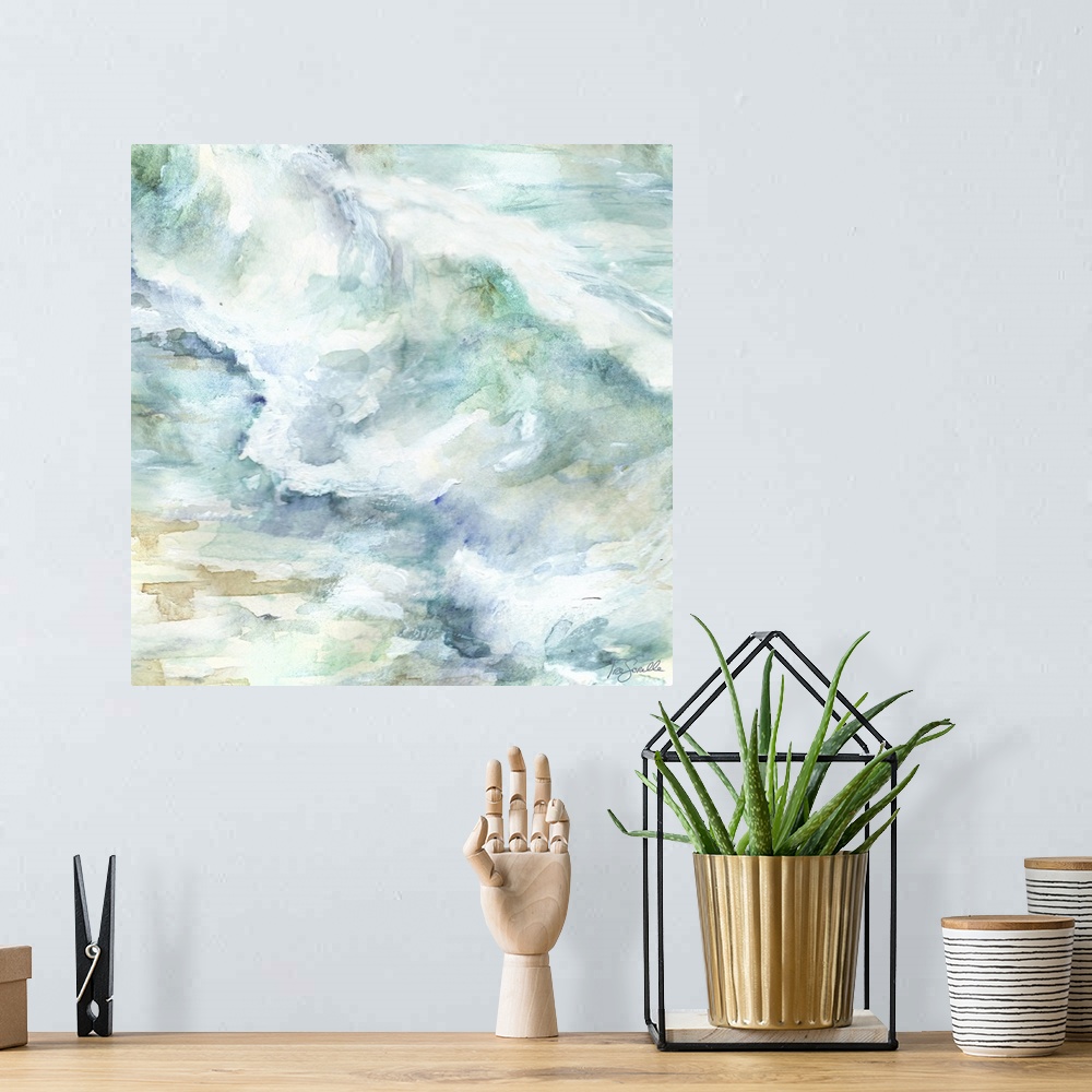 A bohemian room featuring A decorative watercolor painting of a ocean waves in subdue tones of green and blue.