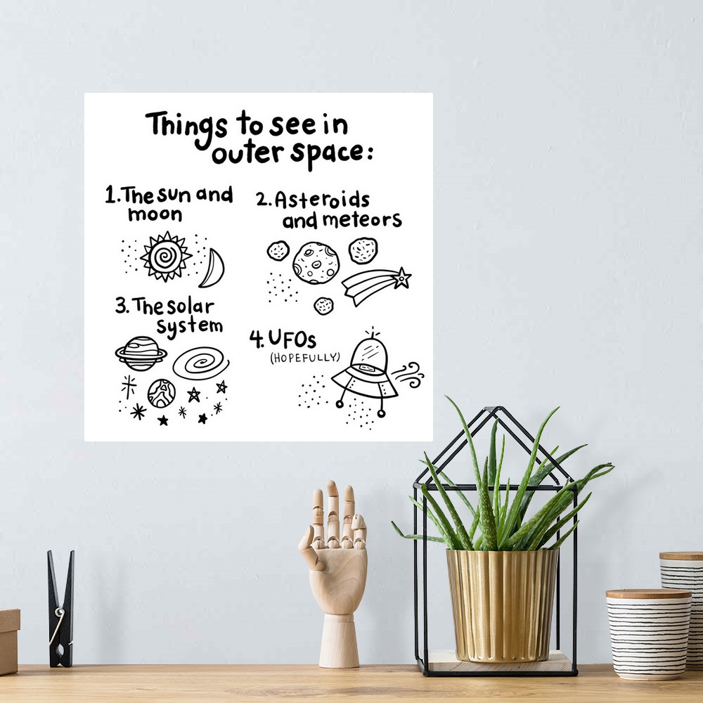 A bohemian room featuring Illustration of things to see in outer space on a white background.