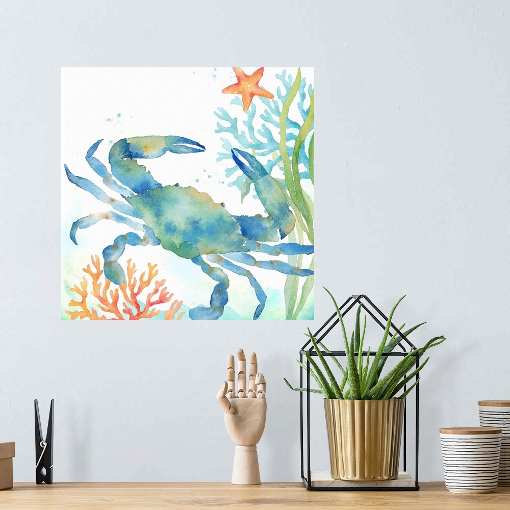 A bohemian room featuring An artistic watercolor painting of a crab and coral underwater in cool tones of blue and green.