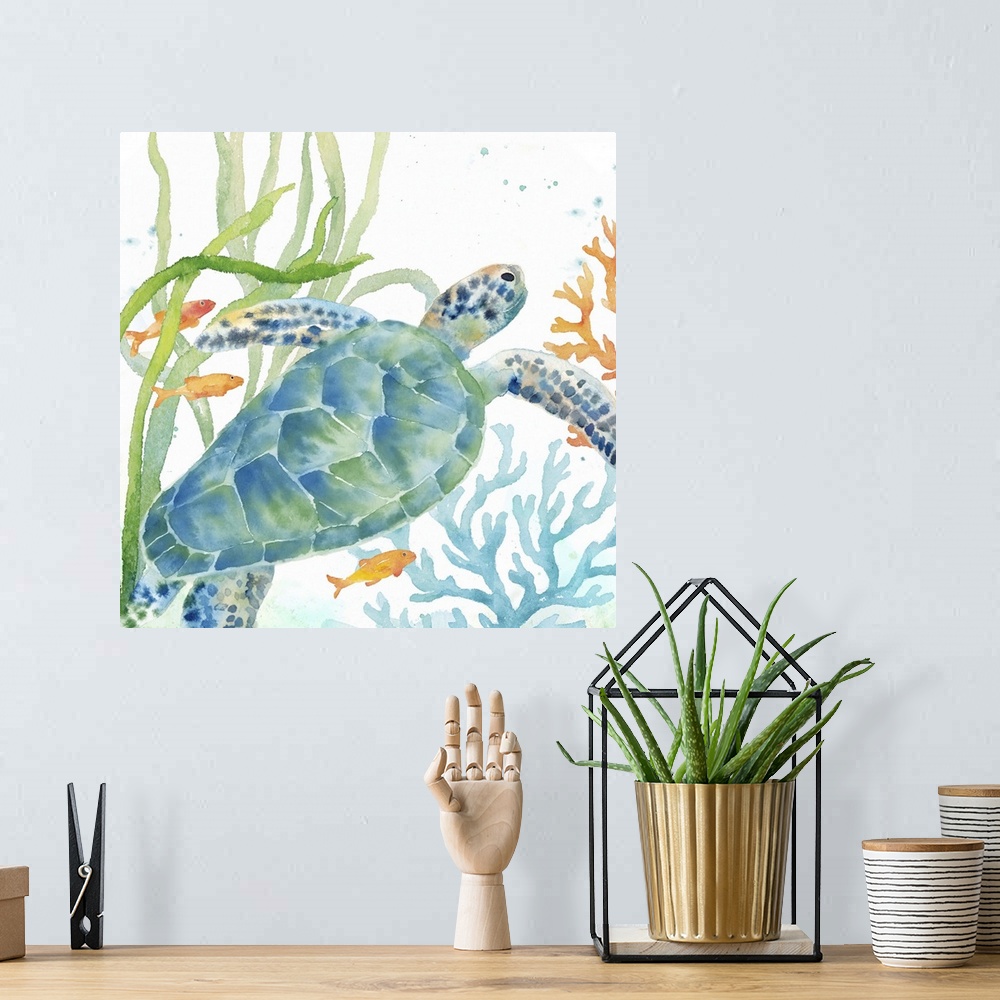 A bohemian room featuring An artistic watercolor painting of a turtle and coral underwater in cool tones of blue and green.