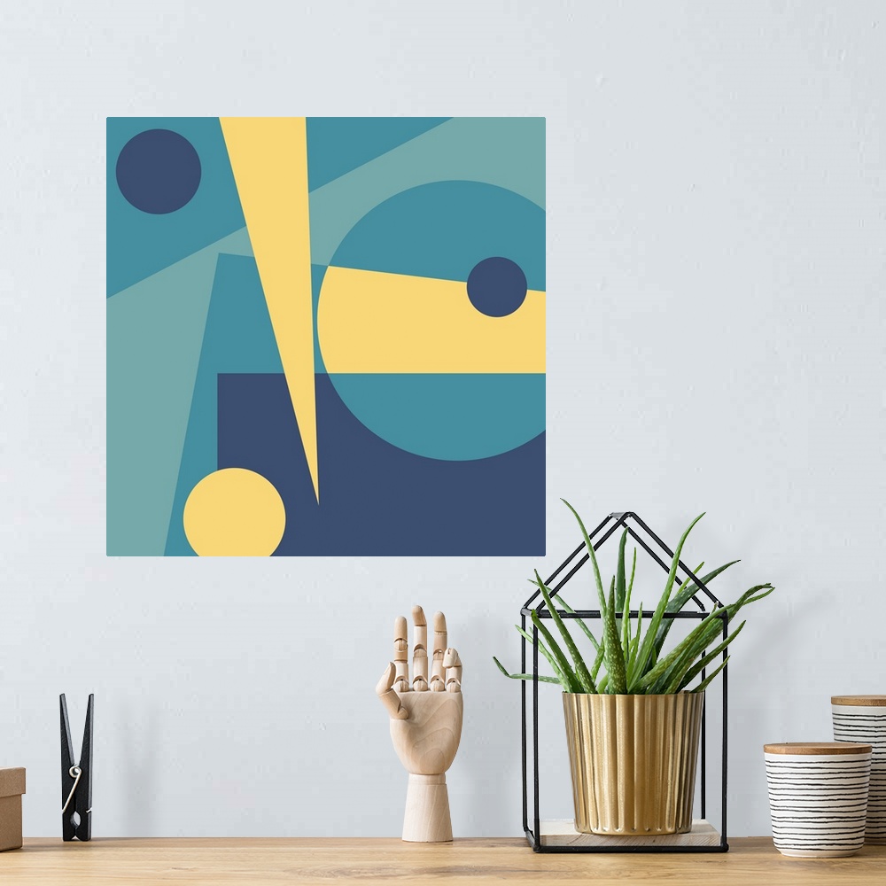 A bohemian room featuring Modern geometric abstract design in blue and yellow.
