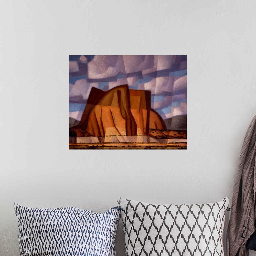 A bohemian room featuring Contemporary painting of Citadel Butte, an American Southwest desert scene in a cubist style with...