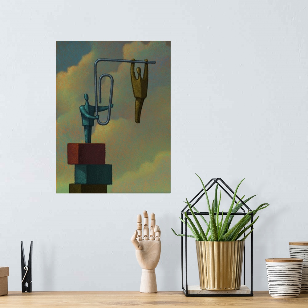 A bohemian room featuring Conceptual painting of a figure strung out on the end of a bent paper clip.