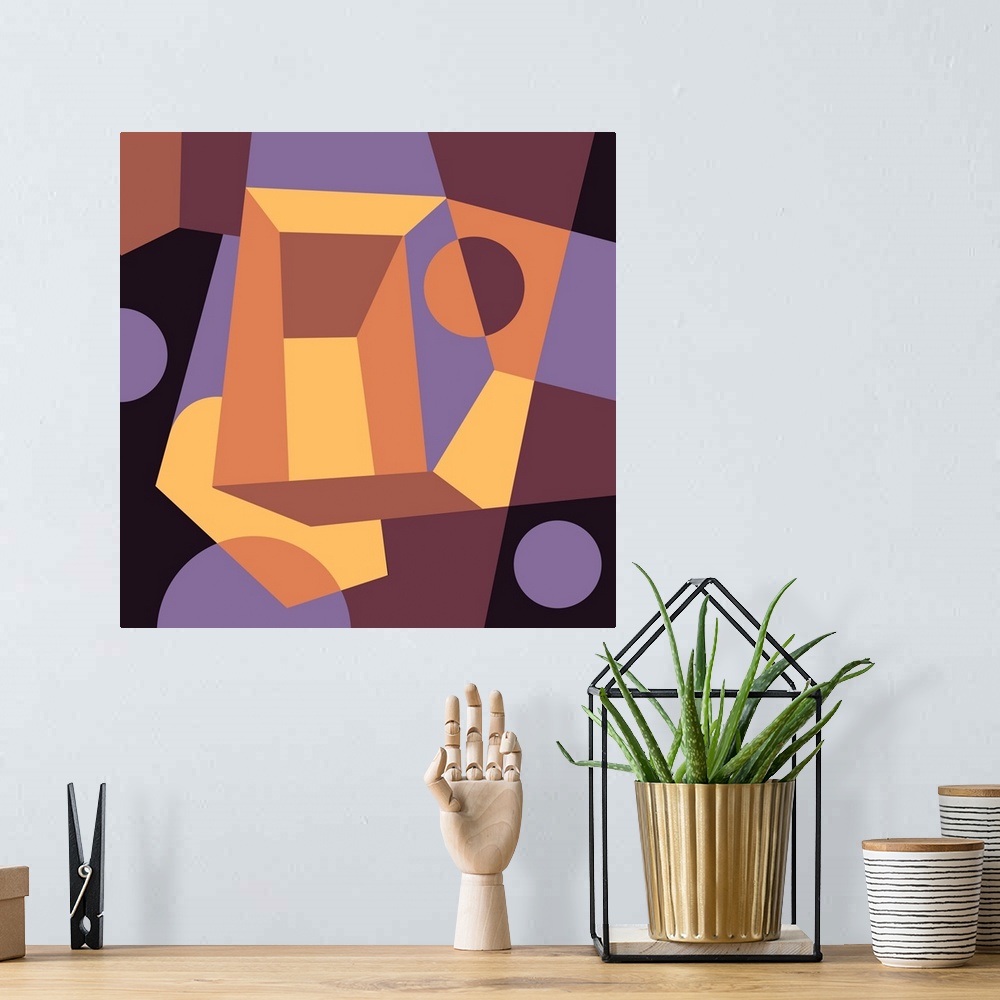 A bohemian room featuring Geometric abstract design in orange, yellow, violet, and brown.
