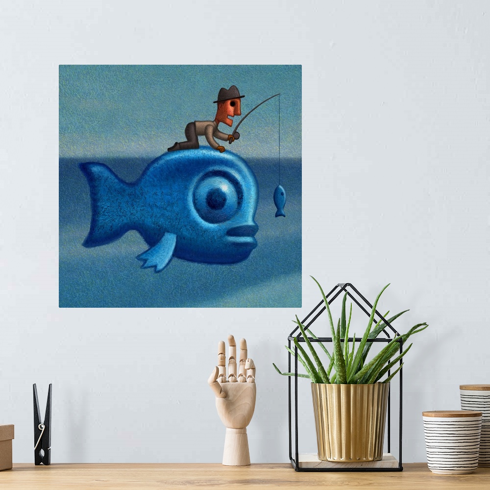 A bohemian room featuring Digital painting of a man on a giant fish with big plans. Be careful what you wish for.
