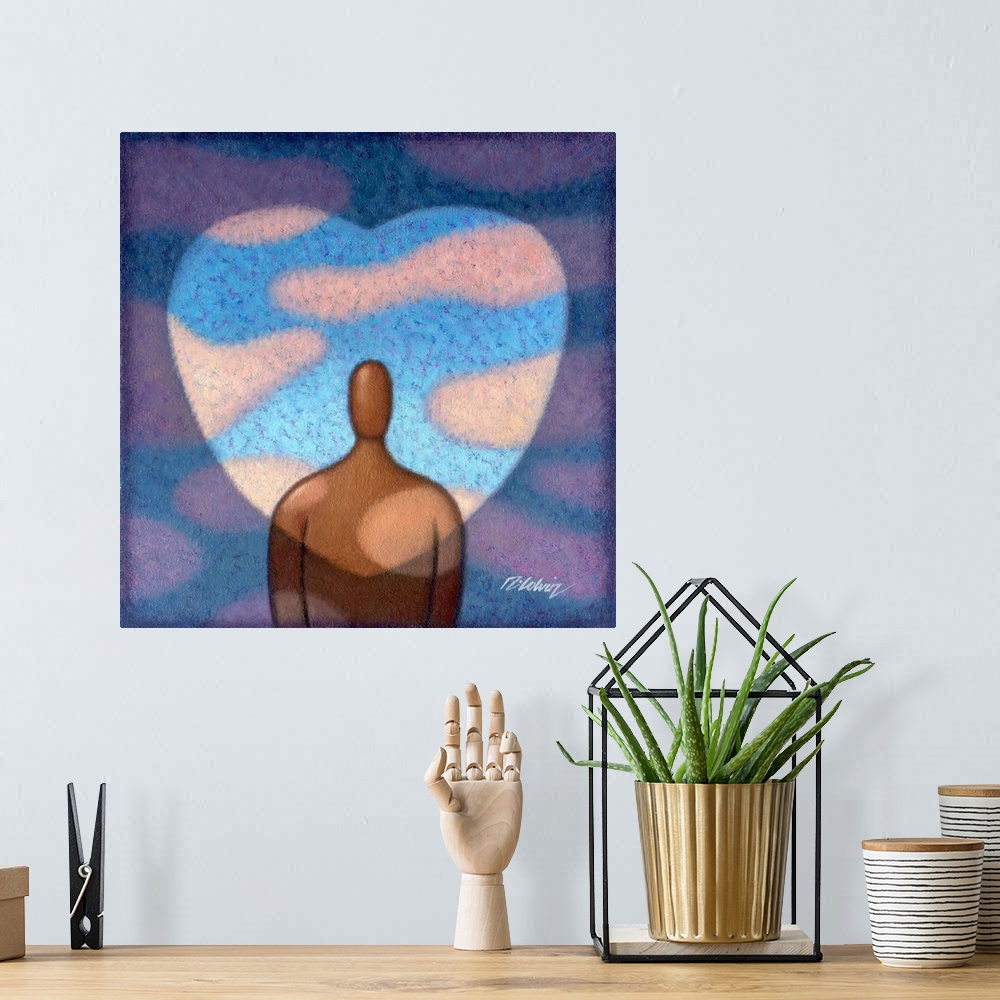 A bohemian room featuring Contemporary painting of a human figure surrounded by a heart shaped blue sky.