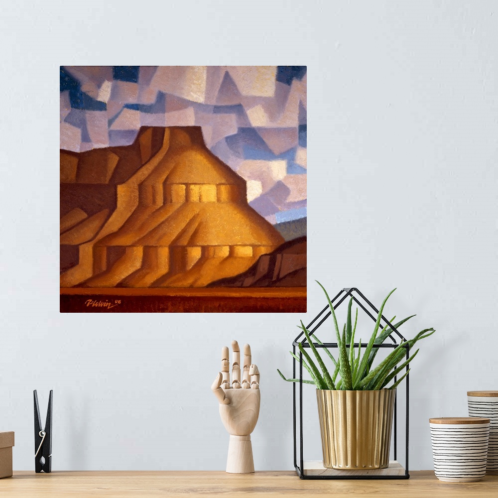 A bohemian room featuring Contemporary painting of Pinnacle Bench Mesa, an American Southwest desert scene in a cubist styl...