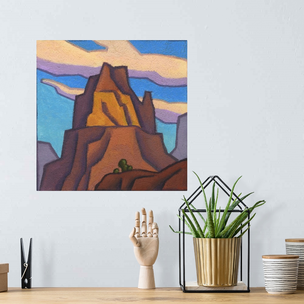 A bohemian room featuring Modernist painting of a mountainous rock formation based upon a butte located in Utah's San Rafae...
