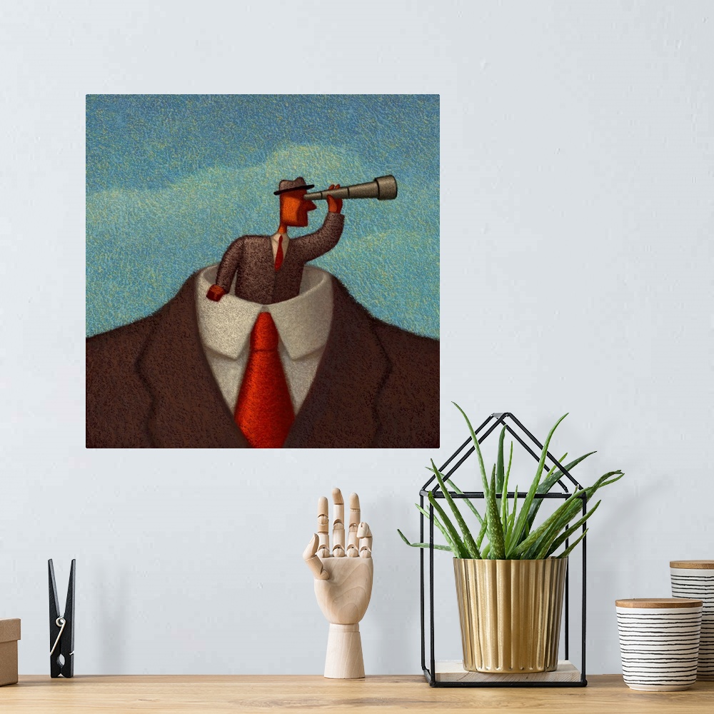 A bohemian room featuring Conceptual painting of a figure standing within a giant suit with a telescope looking forward. Sy...