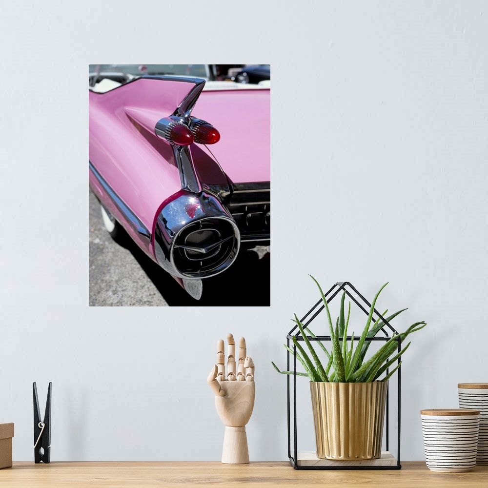 A bohemian room featuring Close-up of fin and lights on a pink Cadillac car