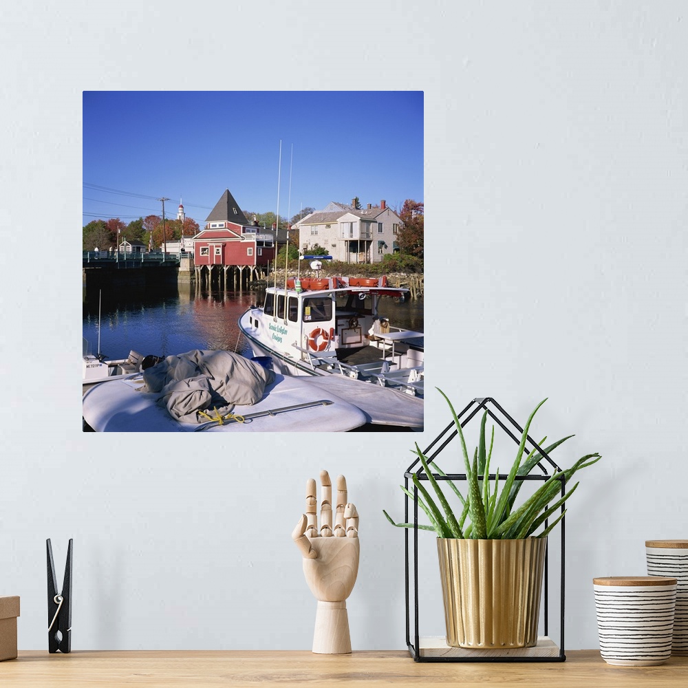 A bohemian room featuring Cruise boat in harbour with wooden buildings, Maine, New England, USA