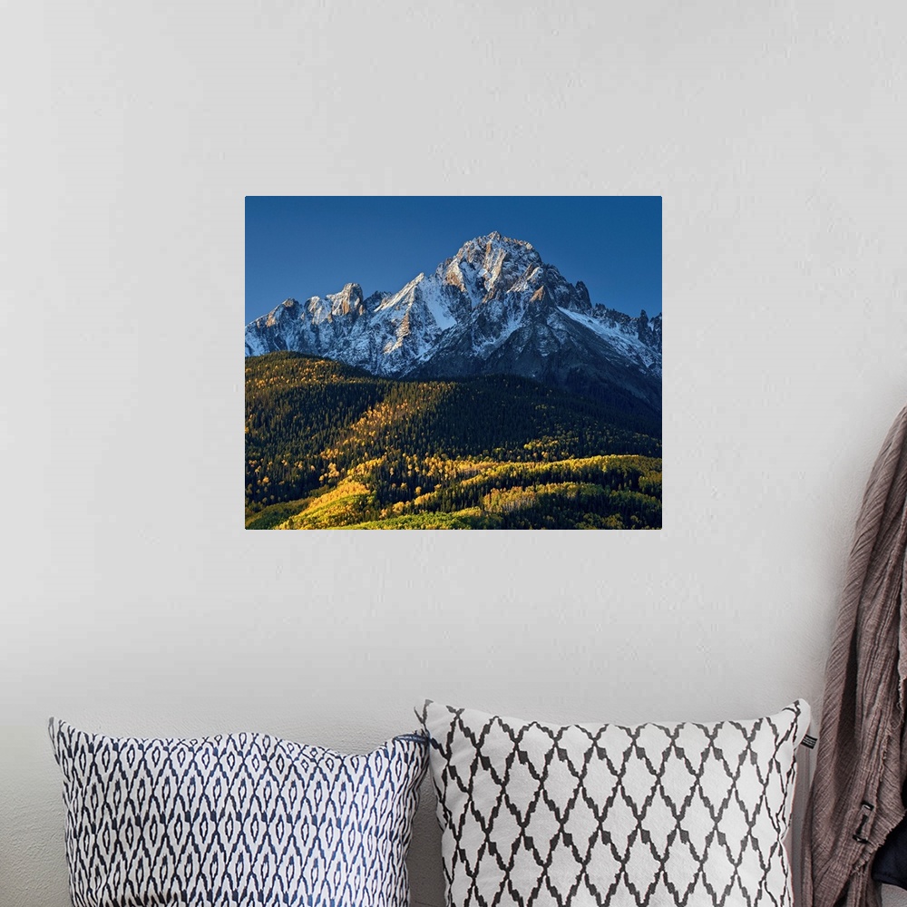 A bohemian room featuring Mount Sneffels with snow in the fall, Uncompahgre National Forest, Colorado, USA