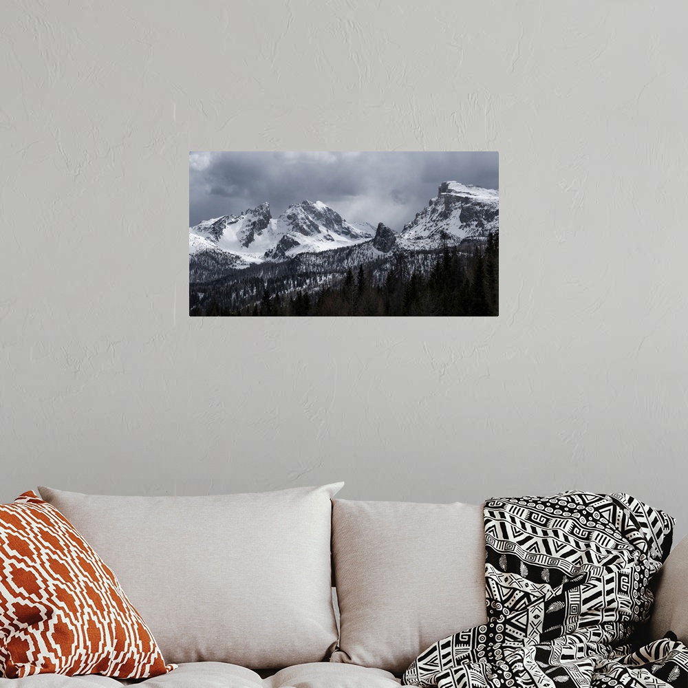 A bohemian room featuring Panorama of Monte Cernera and Ra Gusela mountains at Passo Giau covered by snow, Dolomites, Bellu...
