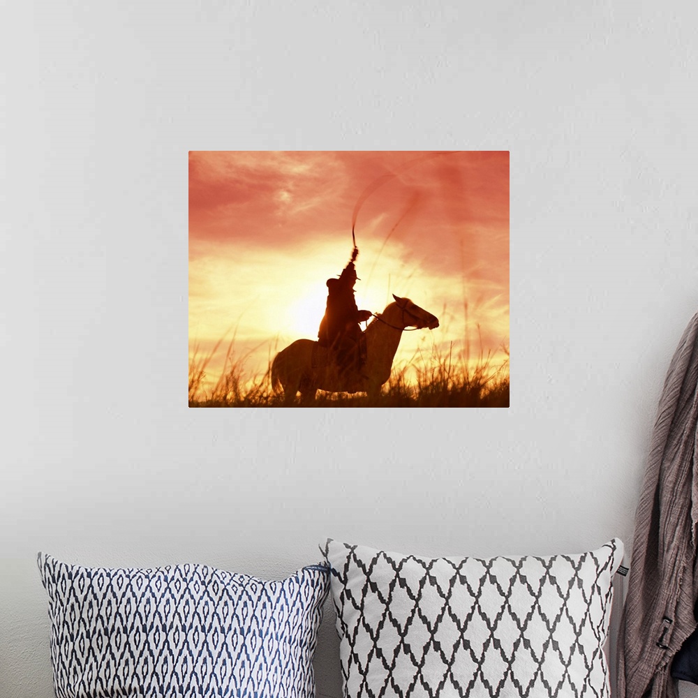 A bohemian room featuring Profile of a stockman on a horse against the sunset, Queensland, Australia, Pacific