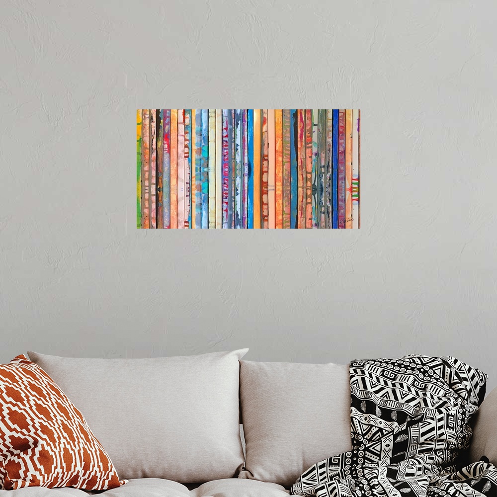 A bohemian room featuring Contemporary abstract painting of slatted bars with vibrant colors.