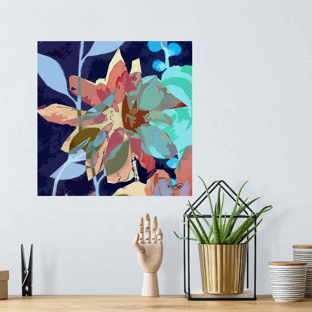 A bohemian room featuring Square abstract art of a big flower created with sections of various colors.