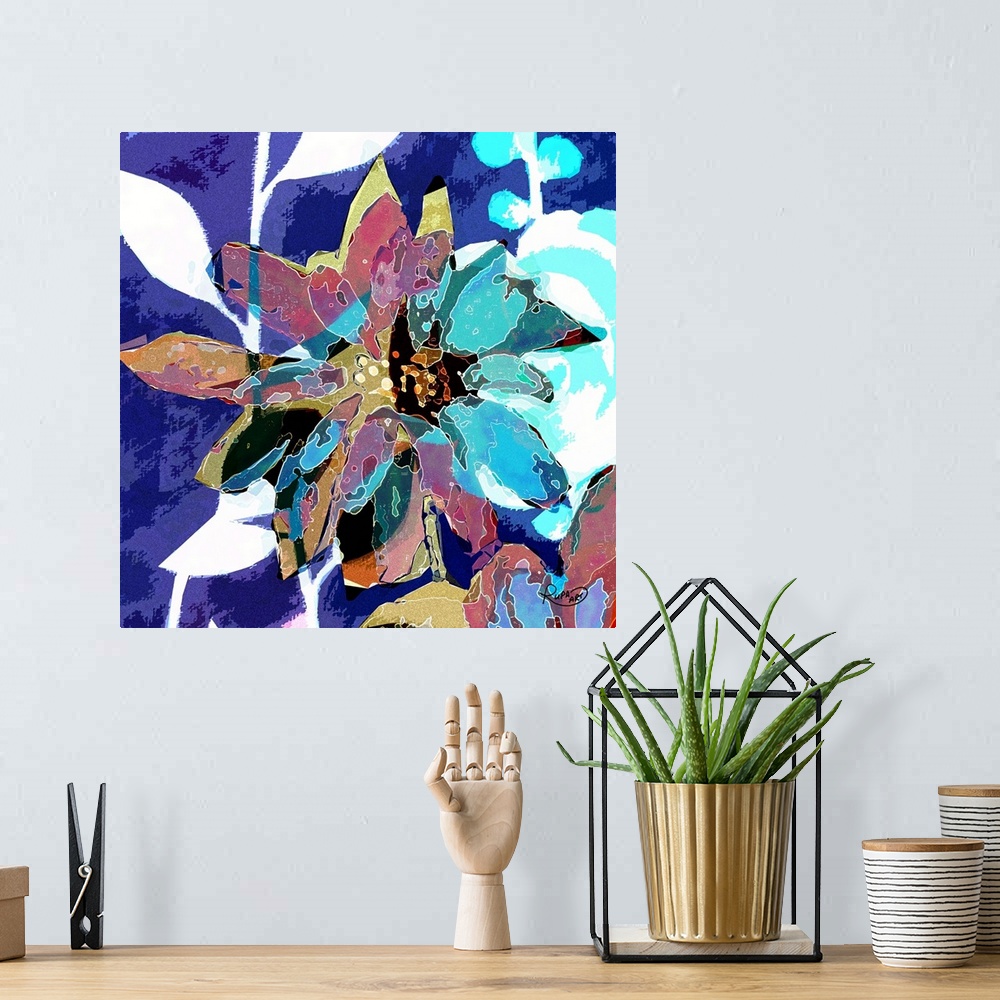 A bohemian room featuring Square abstract art of a big flower created with white lines and a patched on color look in shade...