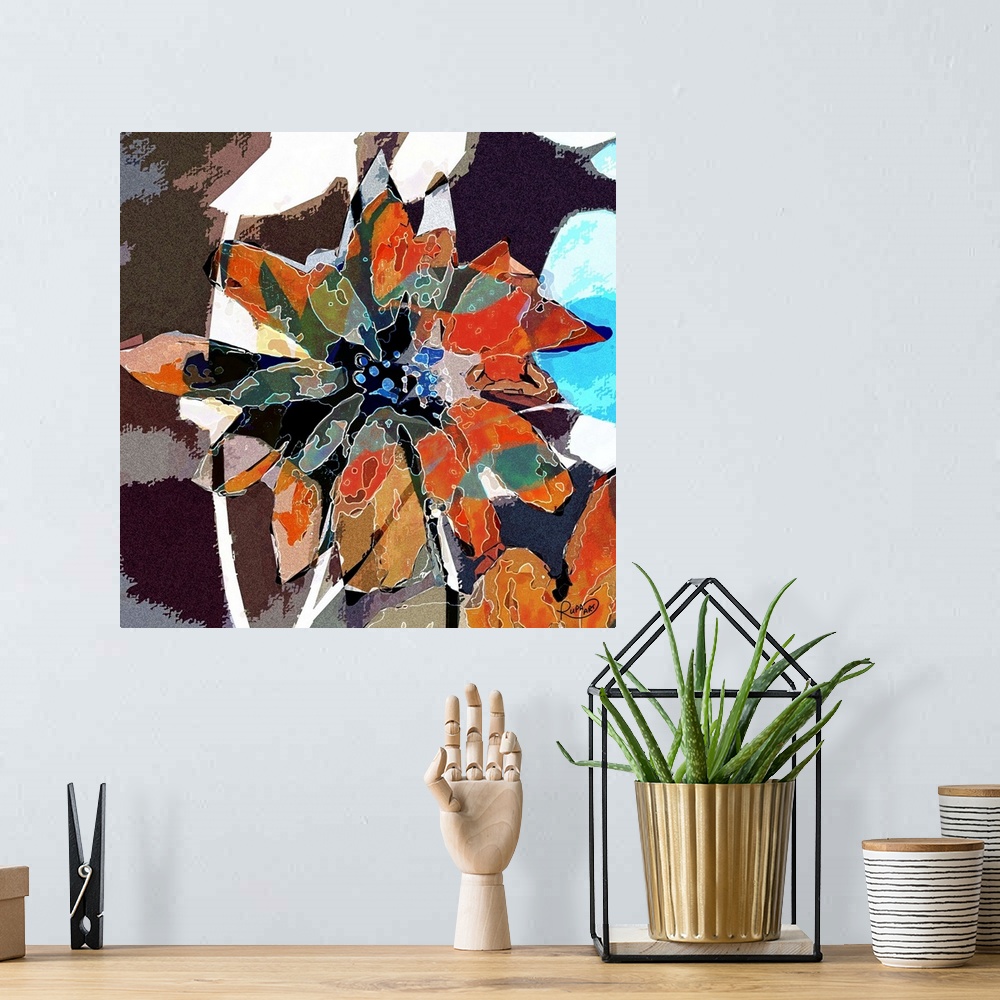 A bohemian room featuring Square abstract art of a big flower created with white lines and a patched on color look.