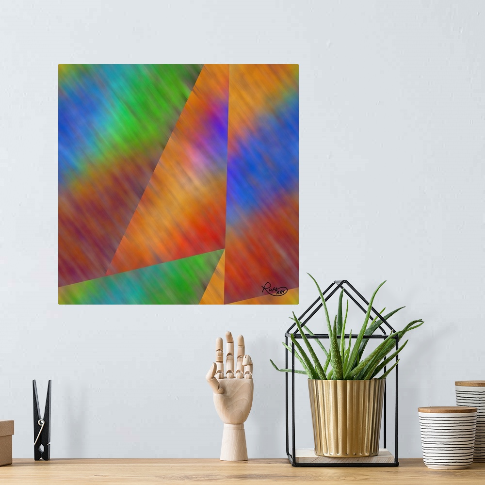 A bohemian room featuring Square abstract art with angles of gradient color patterns.