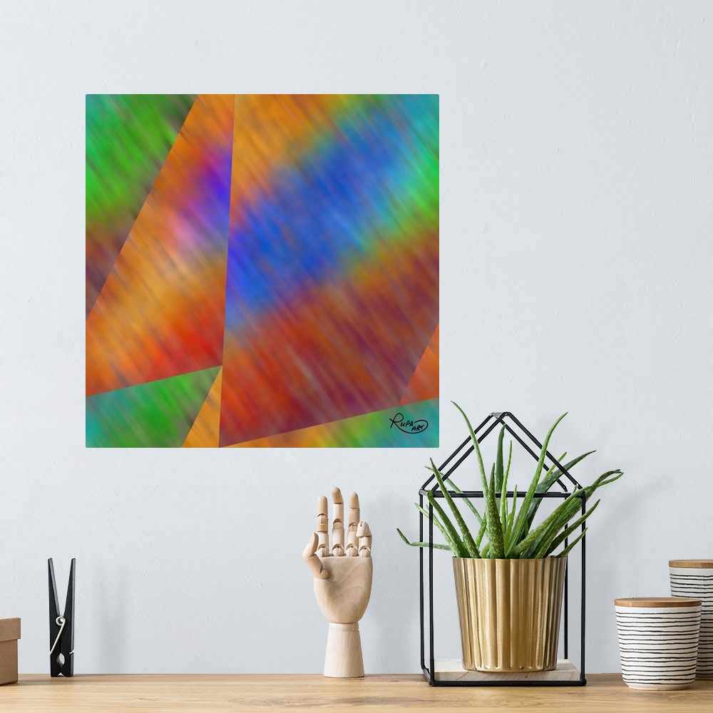 A bohemian room featuring Square abstract art with angles of gradient color patterns.