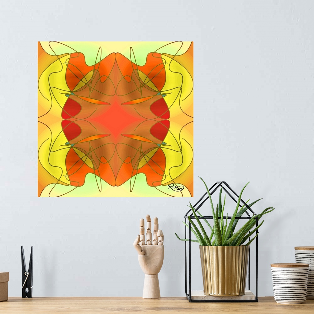A bohemian room featuring Contemporary digital artwork in vibrant yellow and orange intersecting shapes with swirling lines.