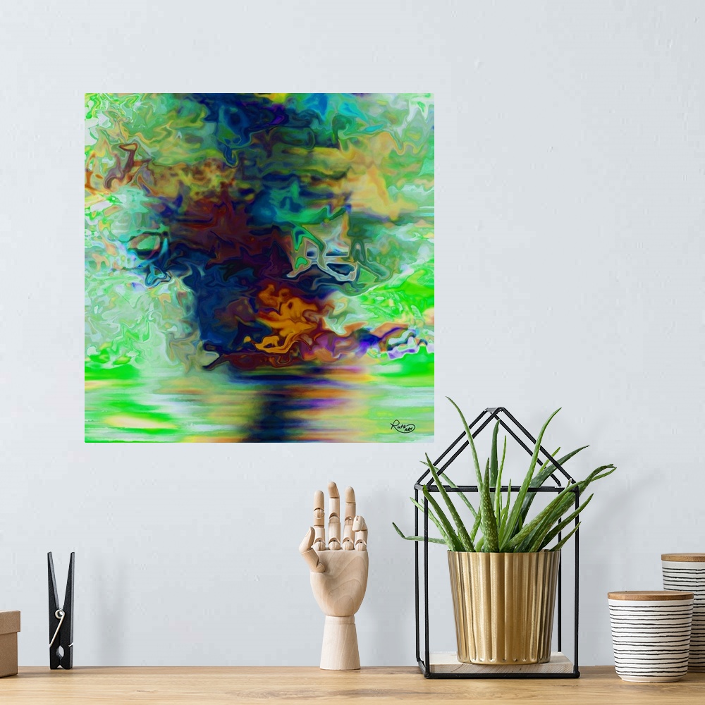 A bohemian room featuring Square abstract art that has colorful, smooth, horizontal lines stacked together on the bottom an...