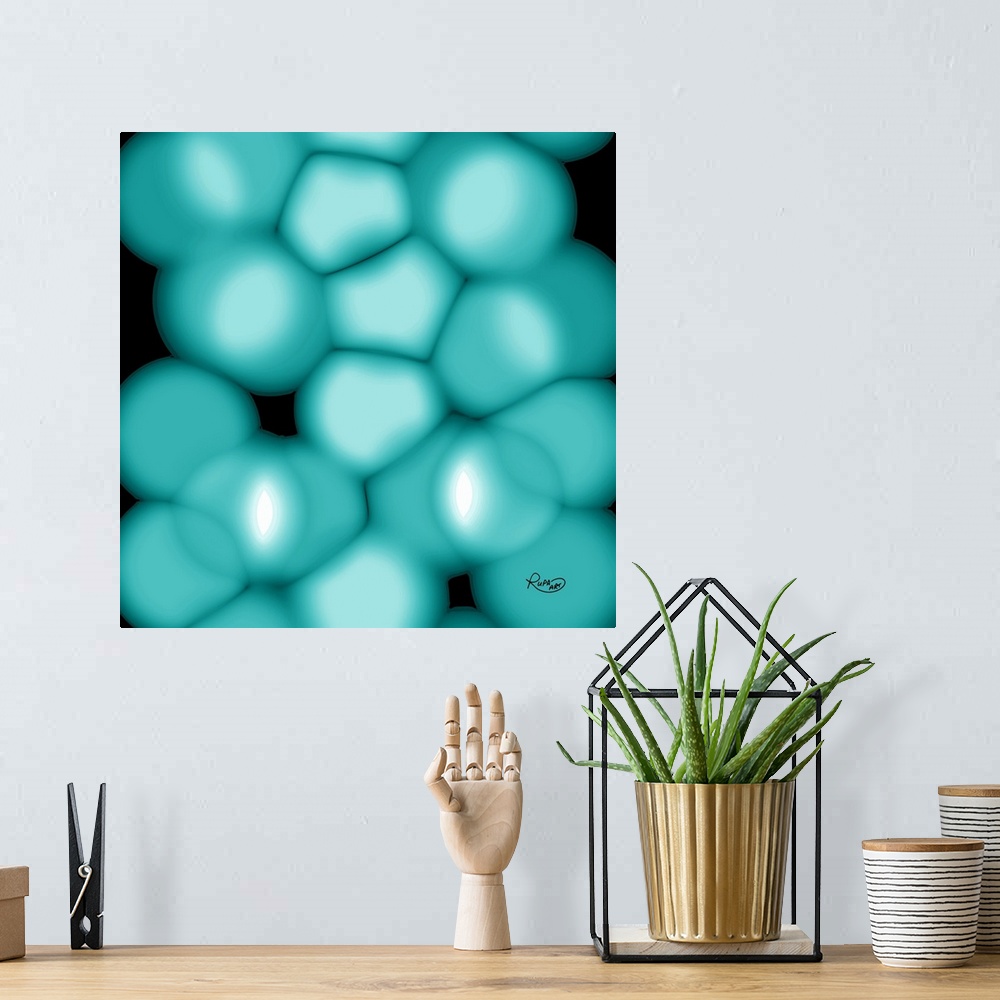 A bohemian room featuring Square abstract art that has soft, teal, translucent, circular shapes layered together on a black...