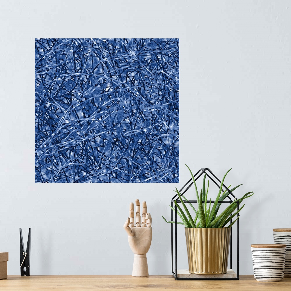 A bohemian room featuring Contemporary abstract painting using a light navy blue in continuous interweaving webs.