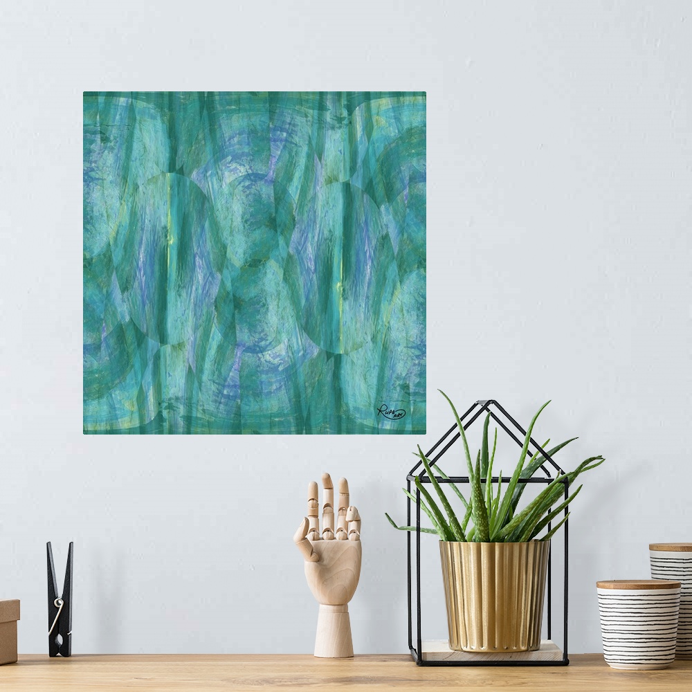 A bohemian room featuring Square abstract painting in textured brush strokes of blue, purple and green.