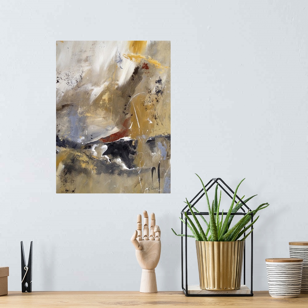 A bohemian room featuring Contemporary abstract painting in neutral colors, with broad brushstrokes.