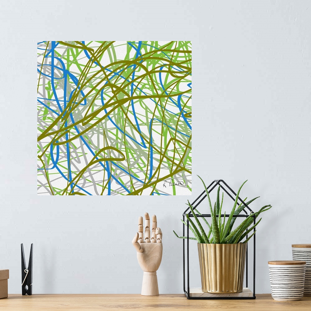 A bohemian room featuring Contemporary abstract painting of a web of blue and green lines against a white background.