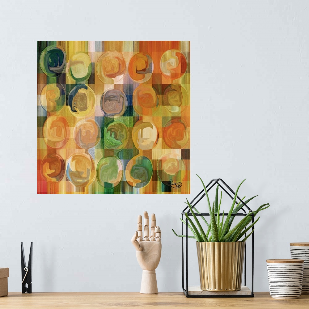 A bohemian room featuring Square abstract art with a colorful checkered background and swirly circles on top.