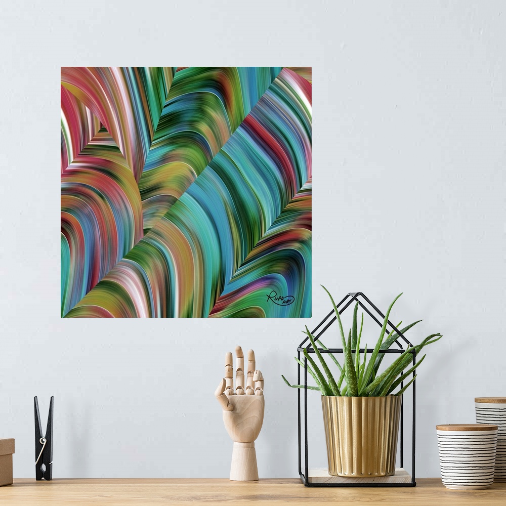 A bohemian room featuring Square abstract art with gradients of color made out of thin lines and arched together creating m...