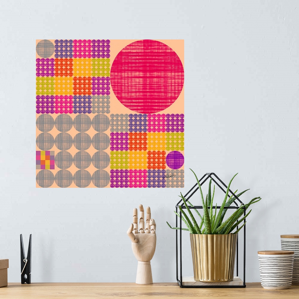 A bohemian room featuring Square shapes made of rows of circles in a cross hatching pattern in vibrant colors.