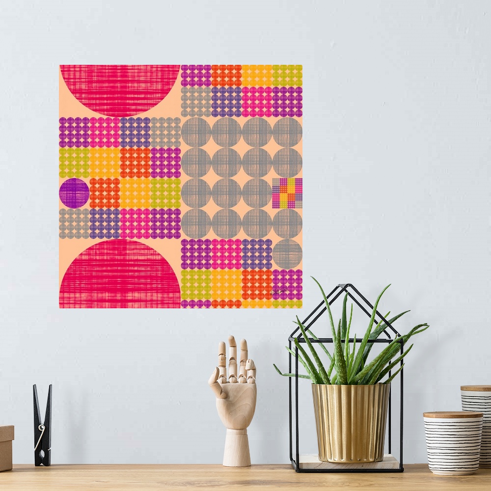A bohemian room featuring Square shapes made of rows of circles in a cross hatching pattern in vibrant colors.