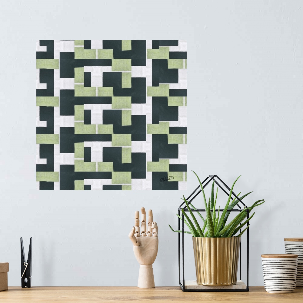 A bohemian room featuring A square contemporary painting in a repetitive design of green and black blocks against a white b...