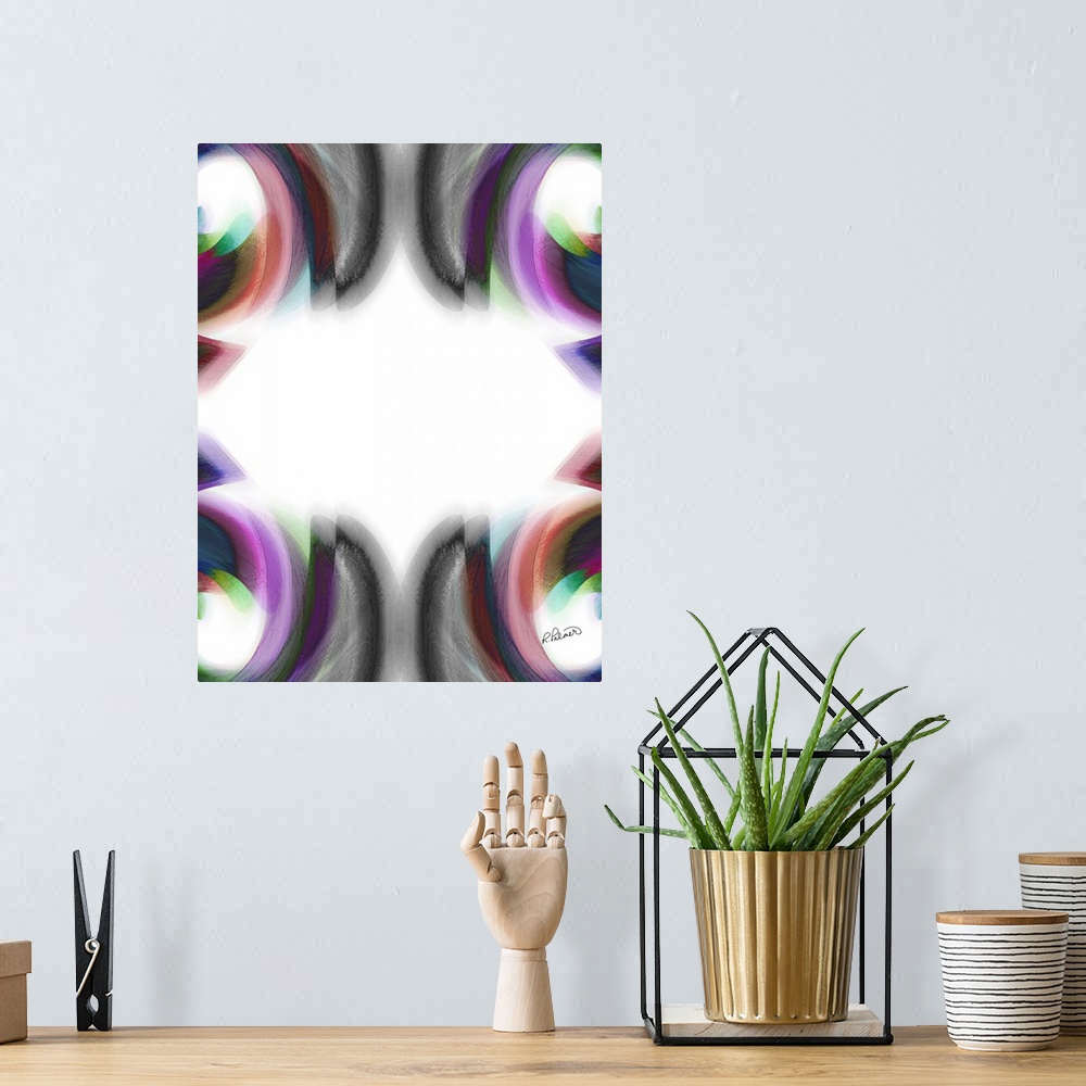 A bohemian room featuring An abstract design of curved colors along the edges on a white backdrop.