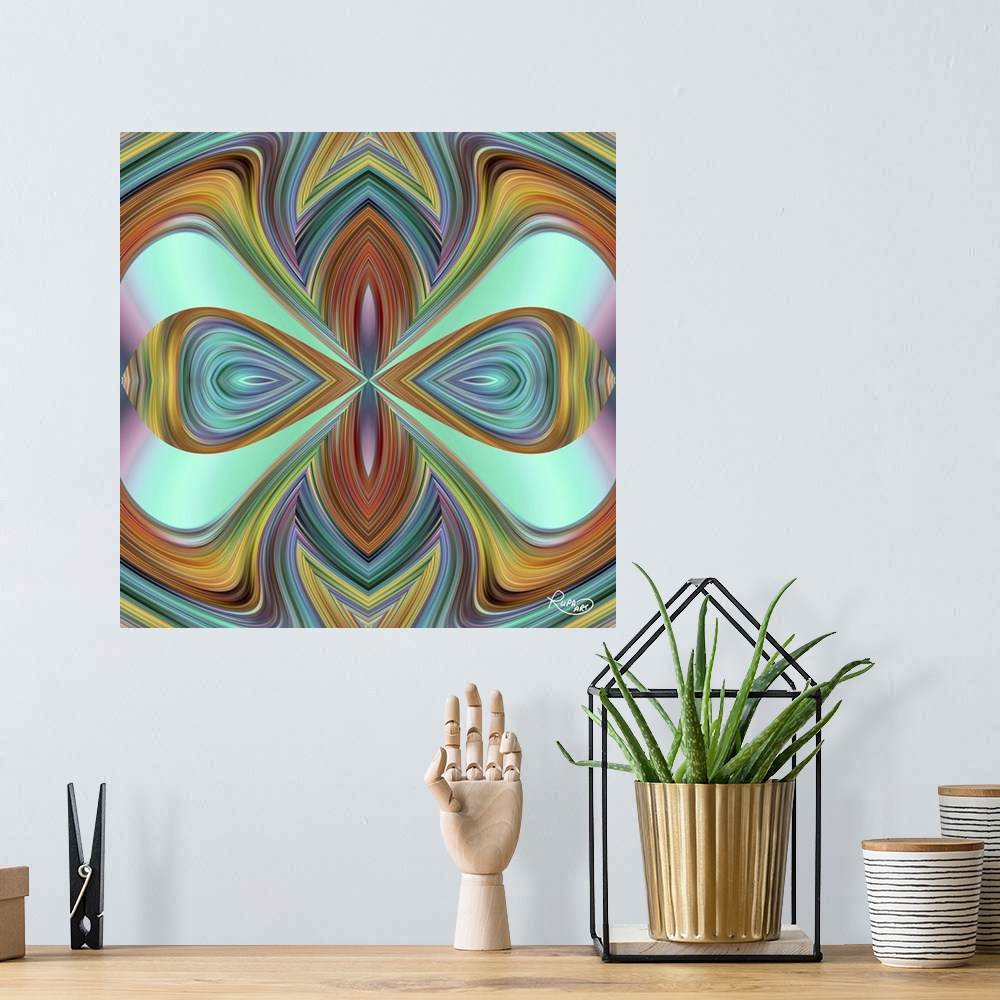 A bohemian room featuring Square abstract in a repetitive design of striped swirled shapes.