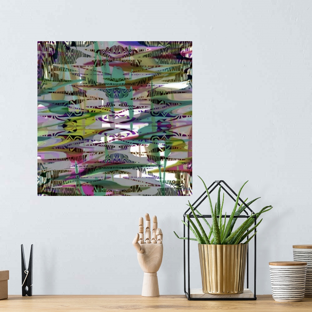 A bohemian room featuring Square abstract art with a busy design in purple, yellow, pink, and green hues.